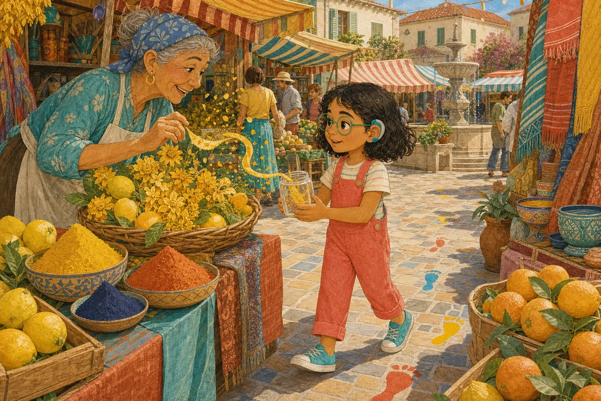 Sofia raccoglie il colore giallo tra i limoni e le spezie del mercato