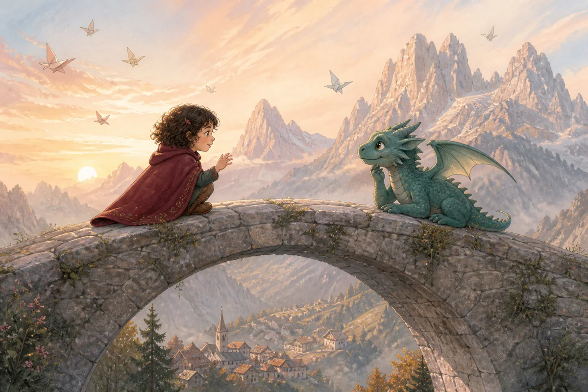 Mia incontra un piccolo drago su un ponte tra le montagne