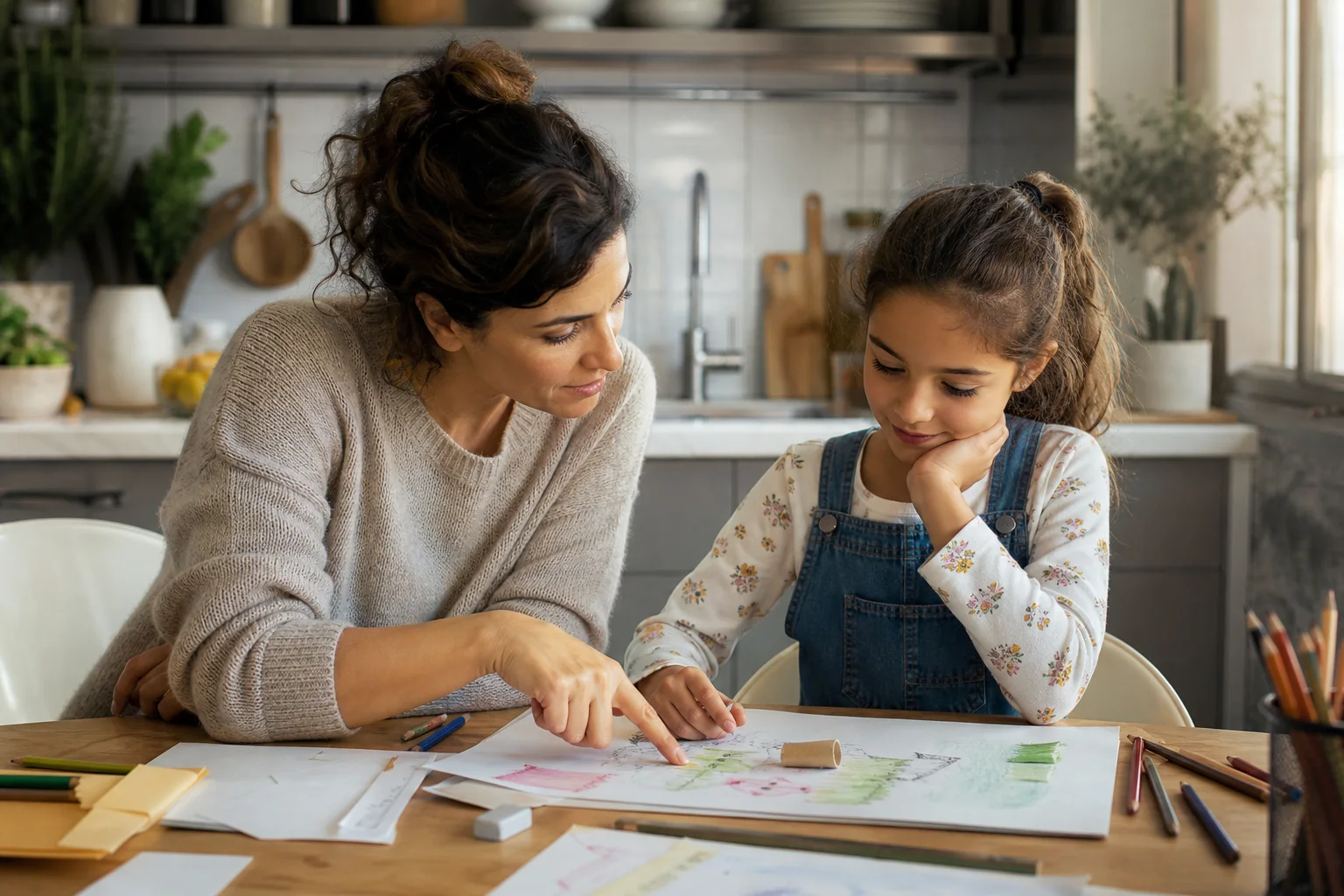 Una bambina e un genitore rivedono insieme un lavoro senza giudicare l’errore.
