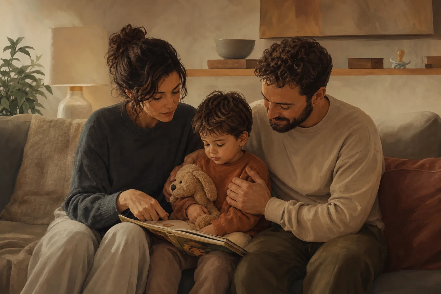 Famiglia che propone libro, pupazzo e vicinanza come alternative al ciuccio.