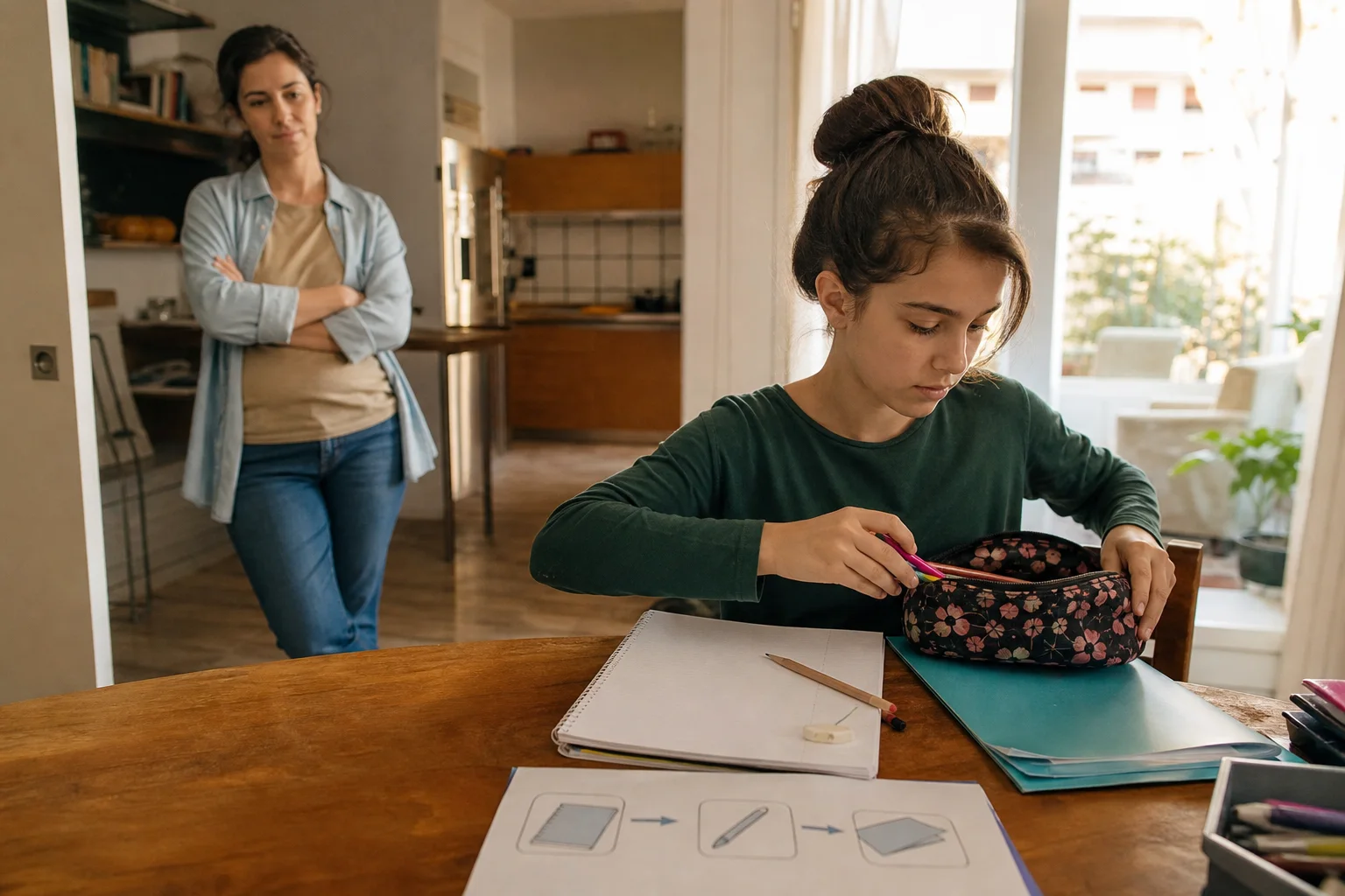 Ragazza che prepara il materiale scolastico seguendo una routine visiva.