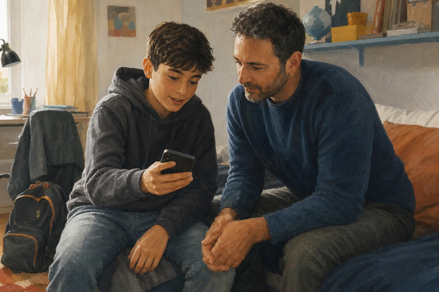 Un preadolescente e un genitore controllano insieme il telefono in un’atmosfera collaborativa.