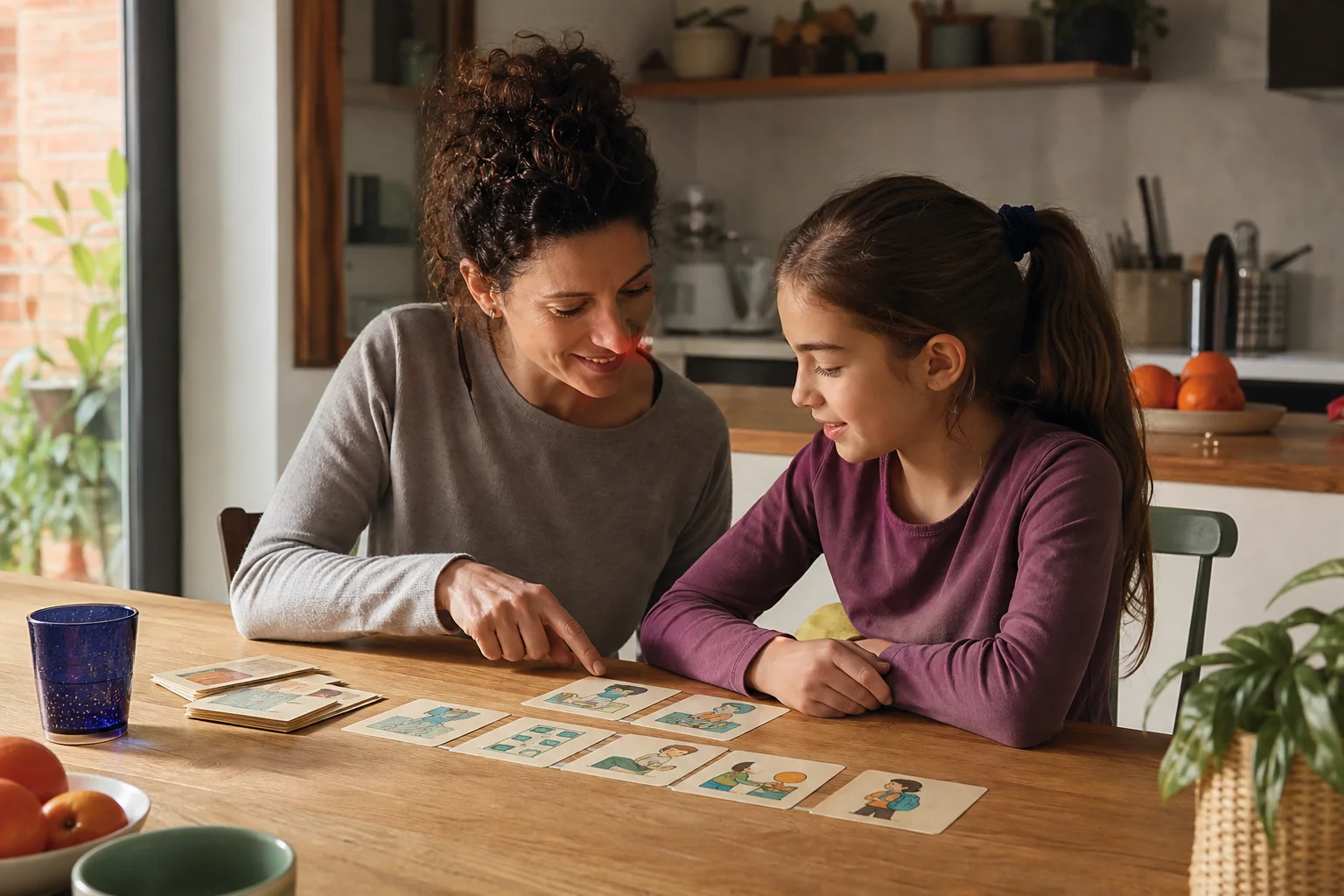 Un genitore e una bambina preparano insieme una routine visiva per alternare compiti e pause.