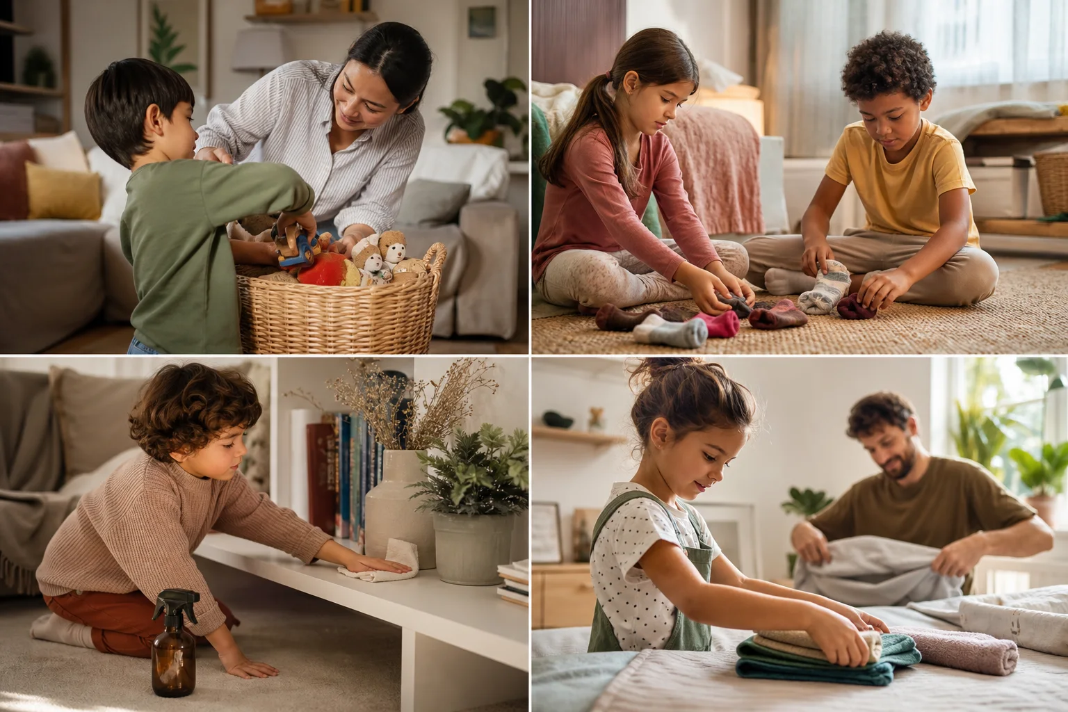 Bambini di età diverse partecipano a faccende domestiche sicure con un sostegno adulto graduato.
