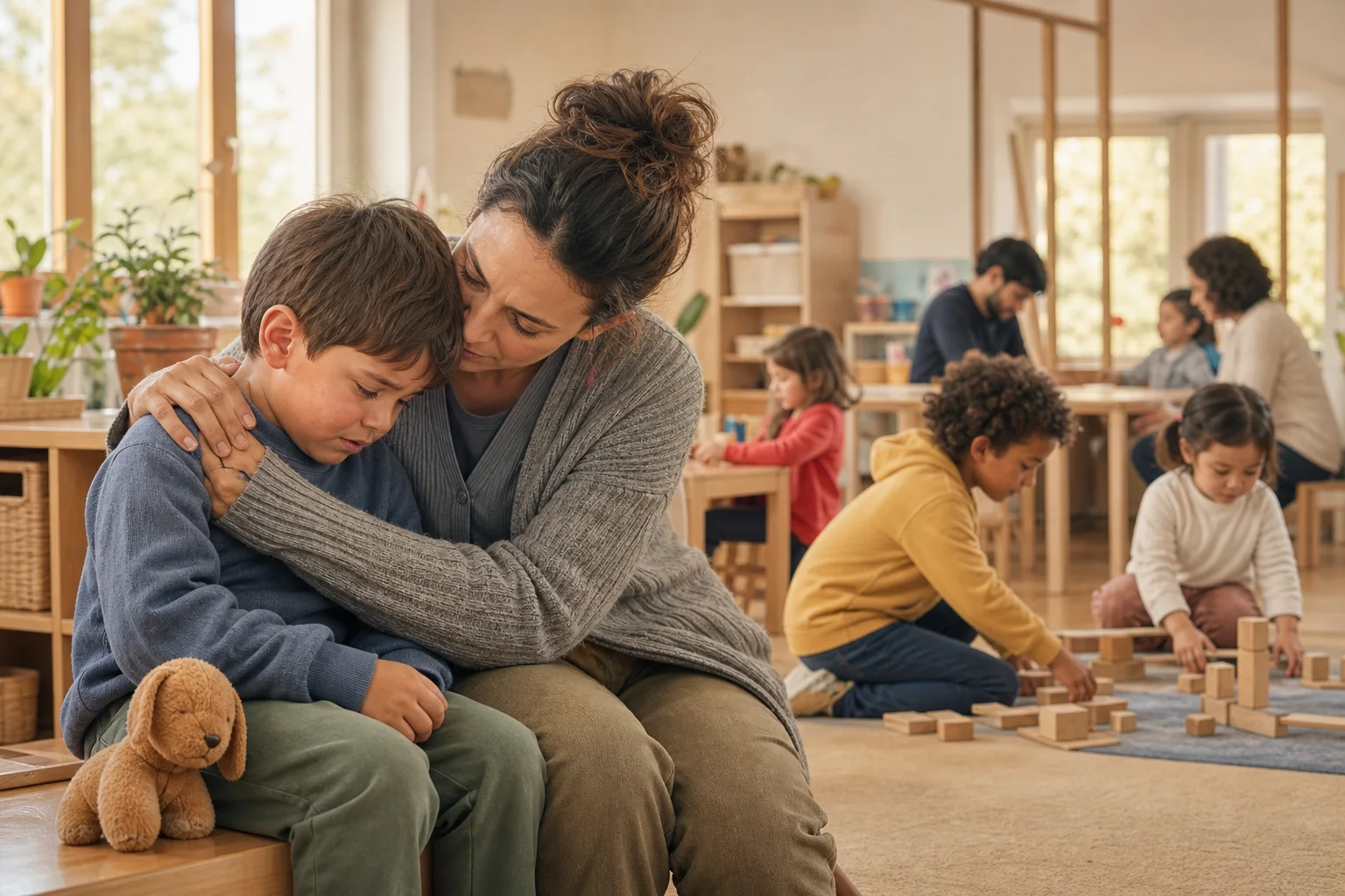 Educatrice accoglie e consola un bambino durante il distacco alla scuola dell’infanzia.
