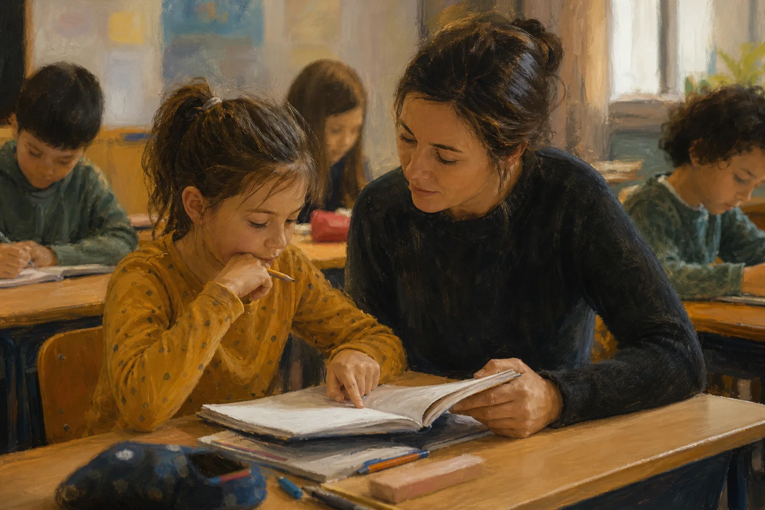 Un’insegnante offre un feedback individuale a una bambina che osserva il proprio quaderno