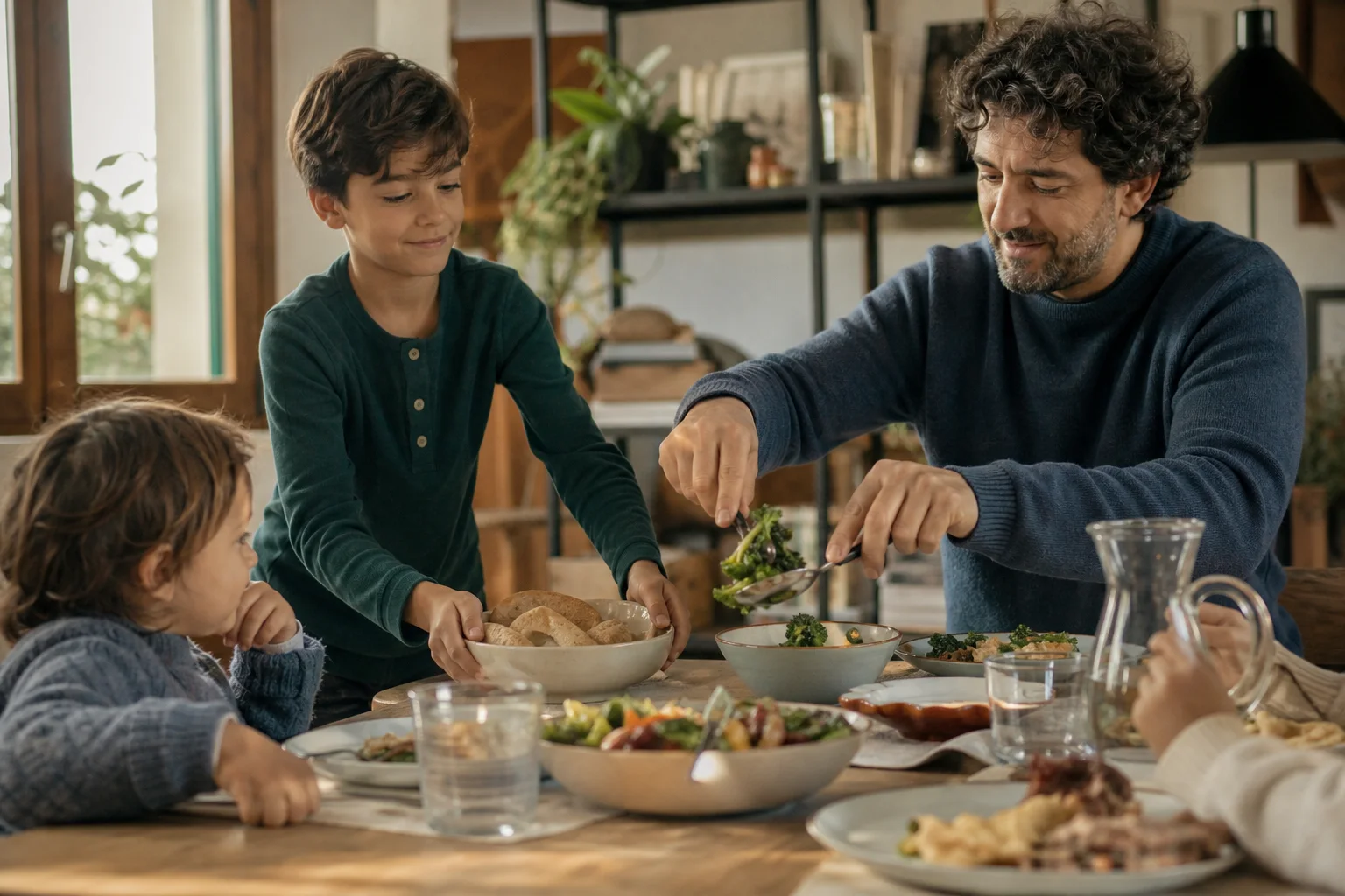 Bambini coinvolti nella preparazione della tavola osservano e servono il cibo senza obbligo di assaggiarlo.