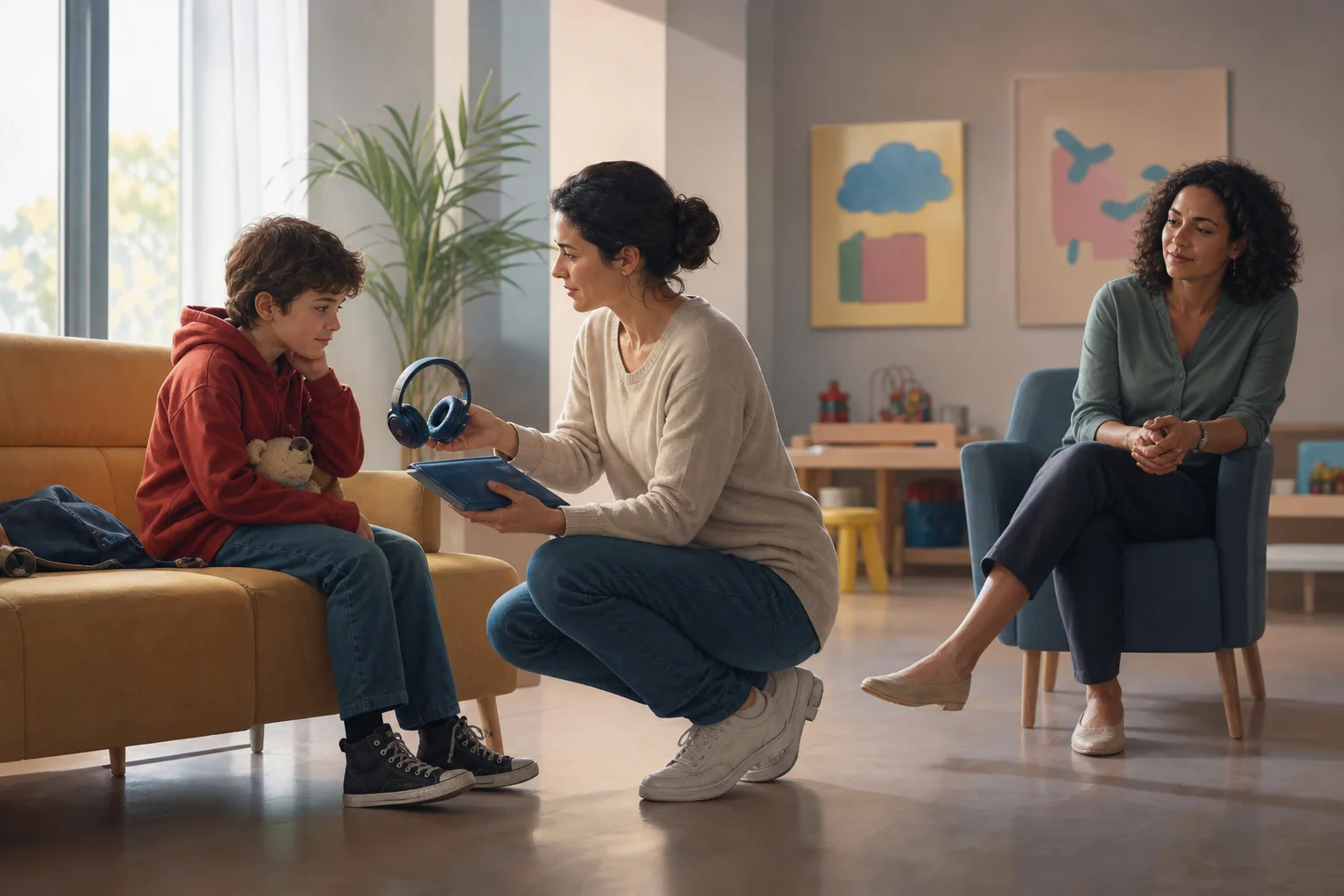 Un bambino sceglie con il genitore una strategia per affrontare la visita.
