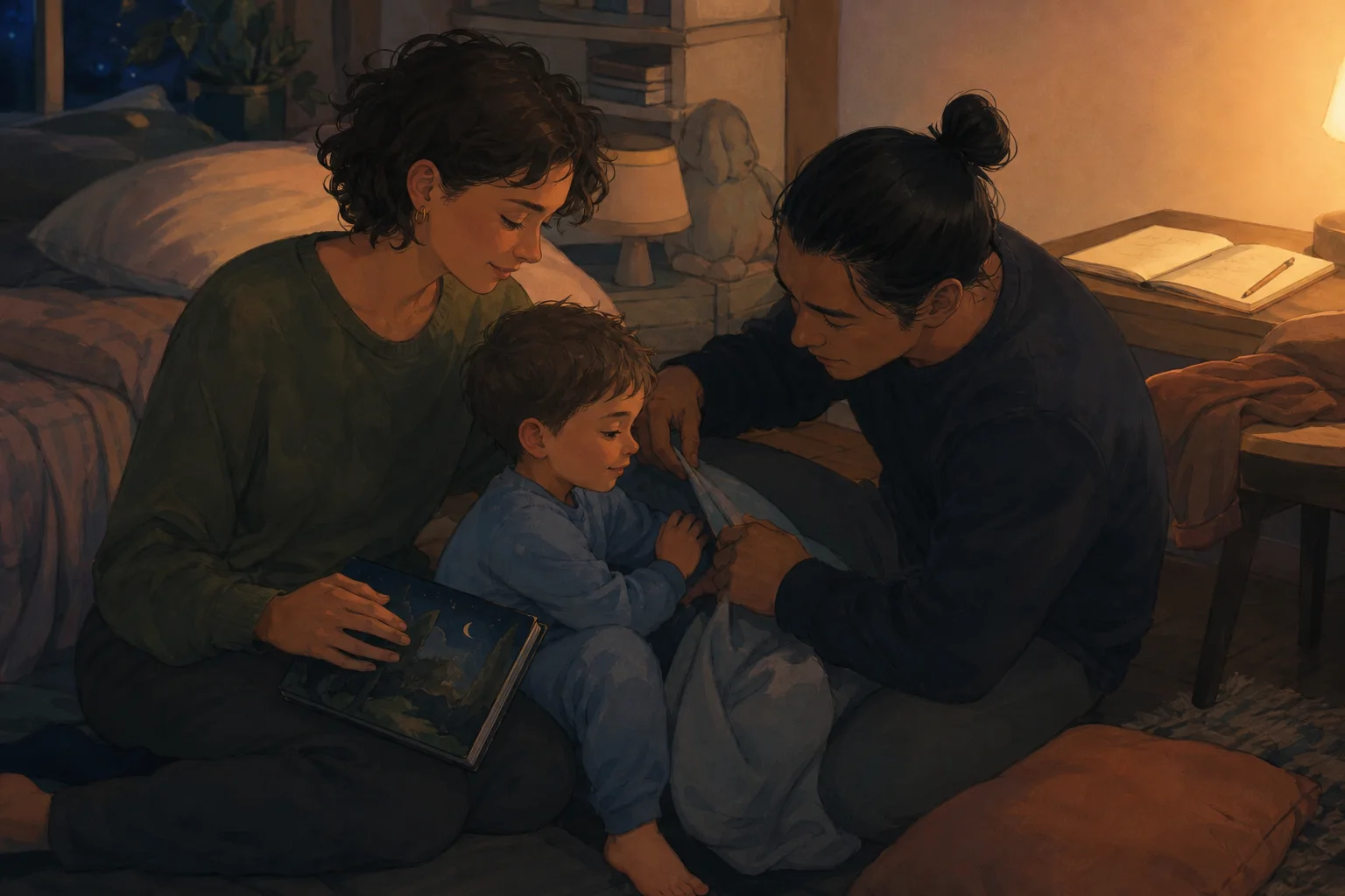 Una famiglia accompagna un bambino nella routine serale con libro, luce soffusa e diario del sonno.