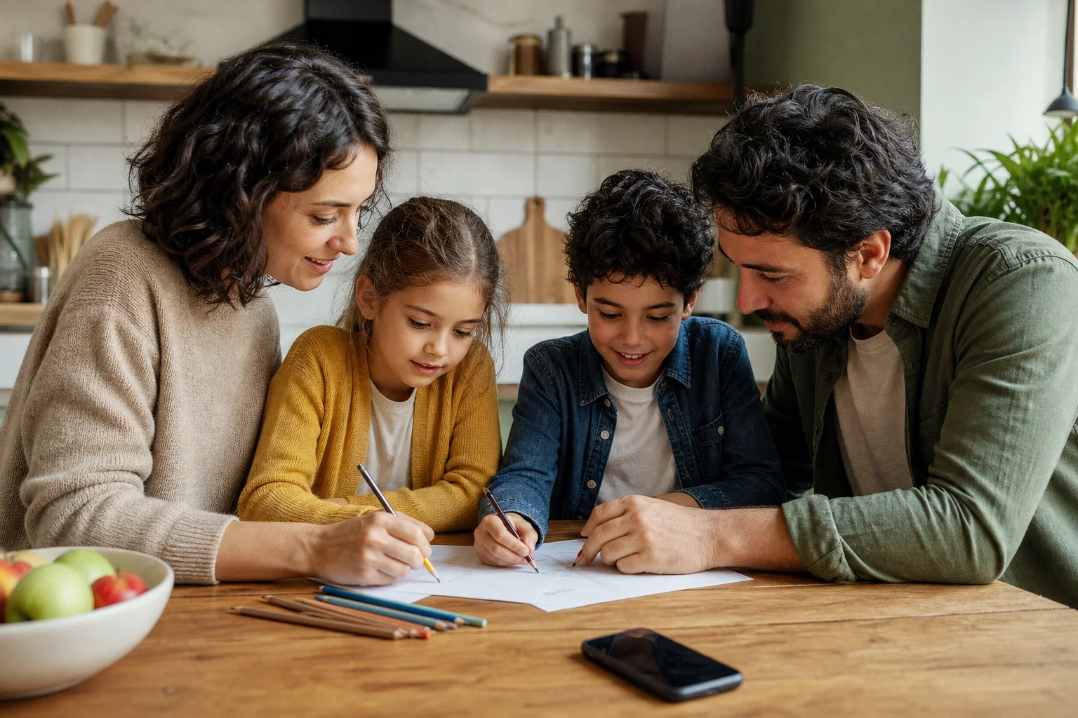 Bambini e adulti discutono insieme le regole digitali attorno al tavolo di cucina.