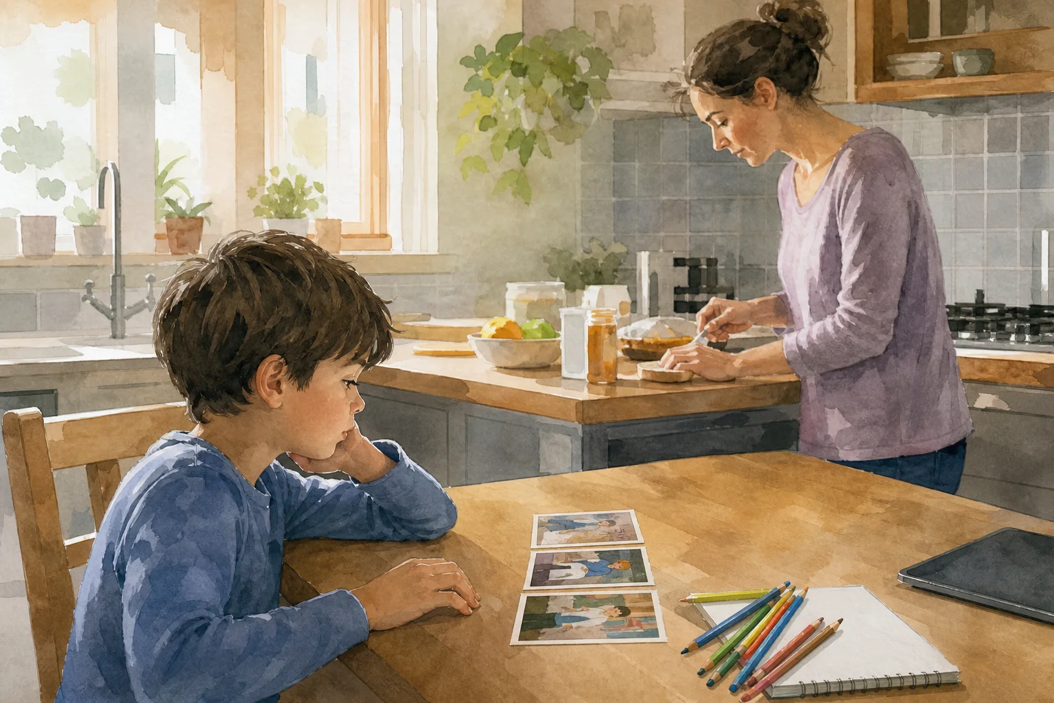 Bambino e genitore seguono una routine visiva dopo aver spento il tablet.