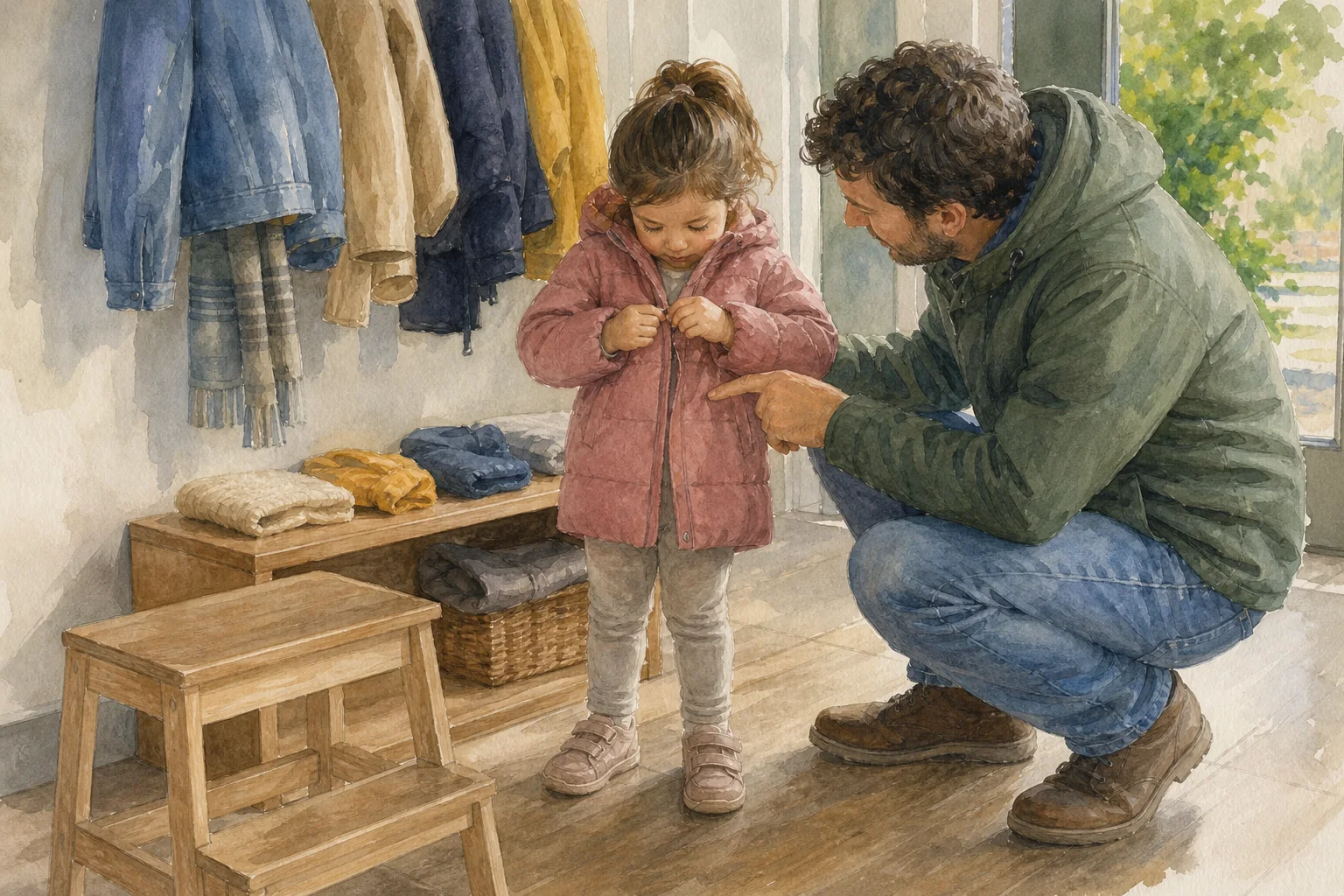 Bambina prova a chiudere la zip mentre l’adulto le offre un semplice indizio gestuale.