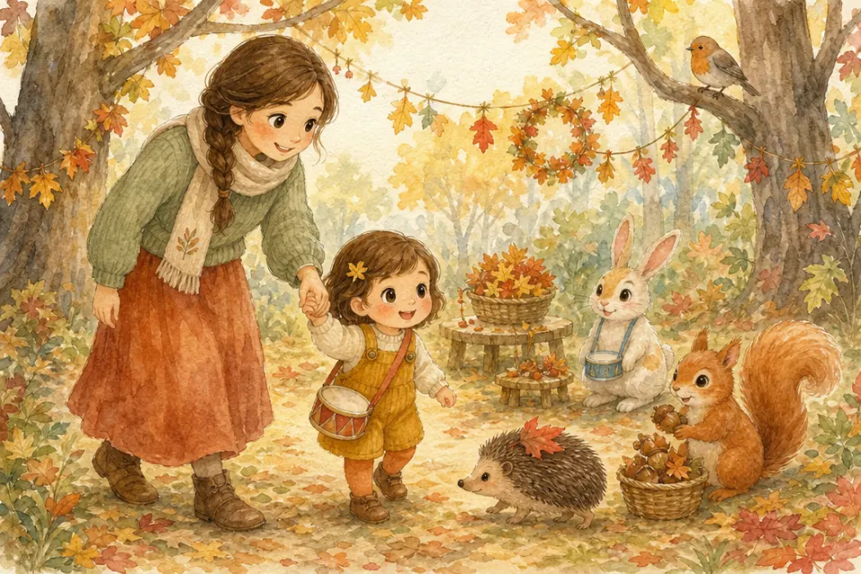 Nina cammina con la mamma lungo un sentiero nel bosco autunnale