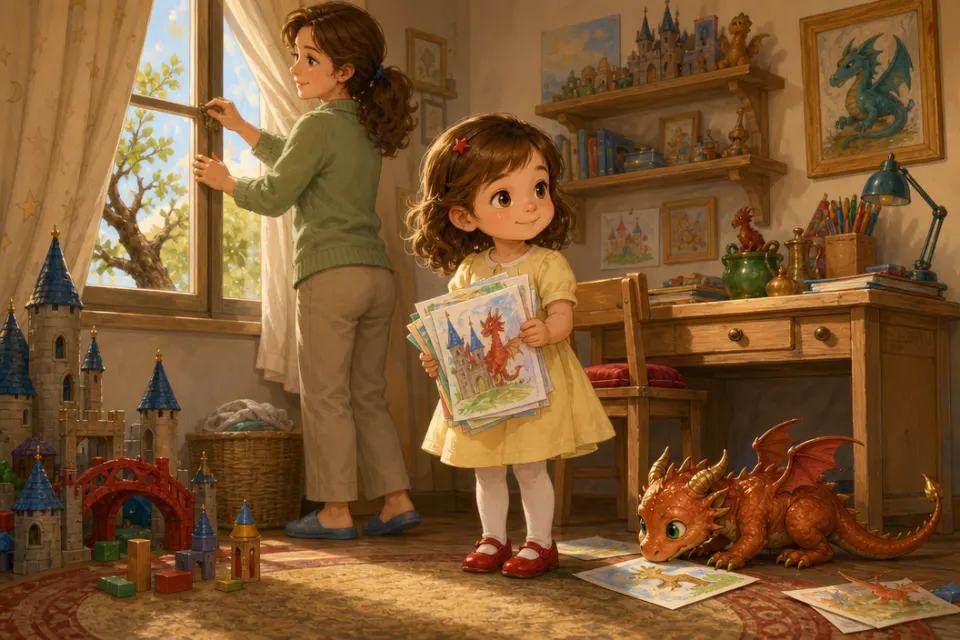 Sofia incontra il piccolo drago color rame Brillo sotto la scrivania