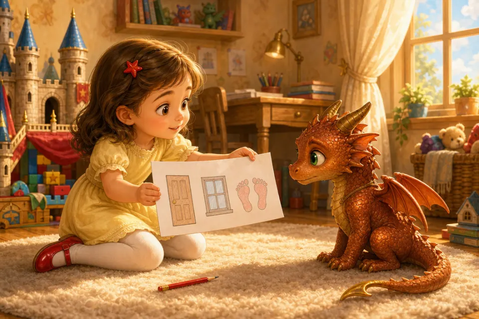 Sofia incontra il piccolo drago color rame Brillo sotto la scrivania